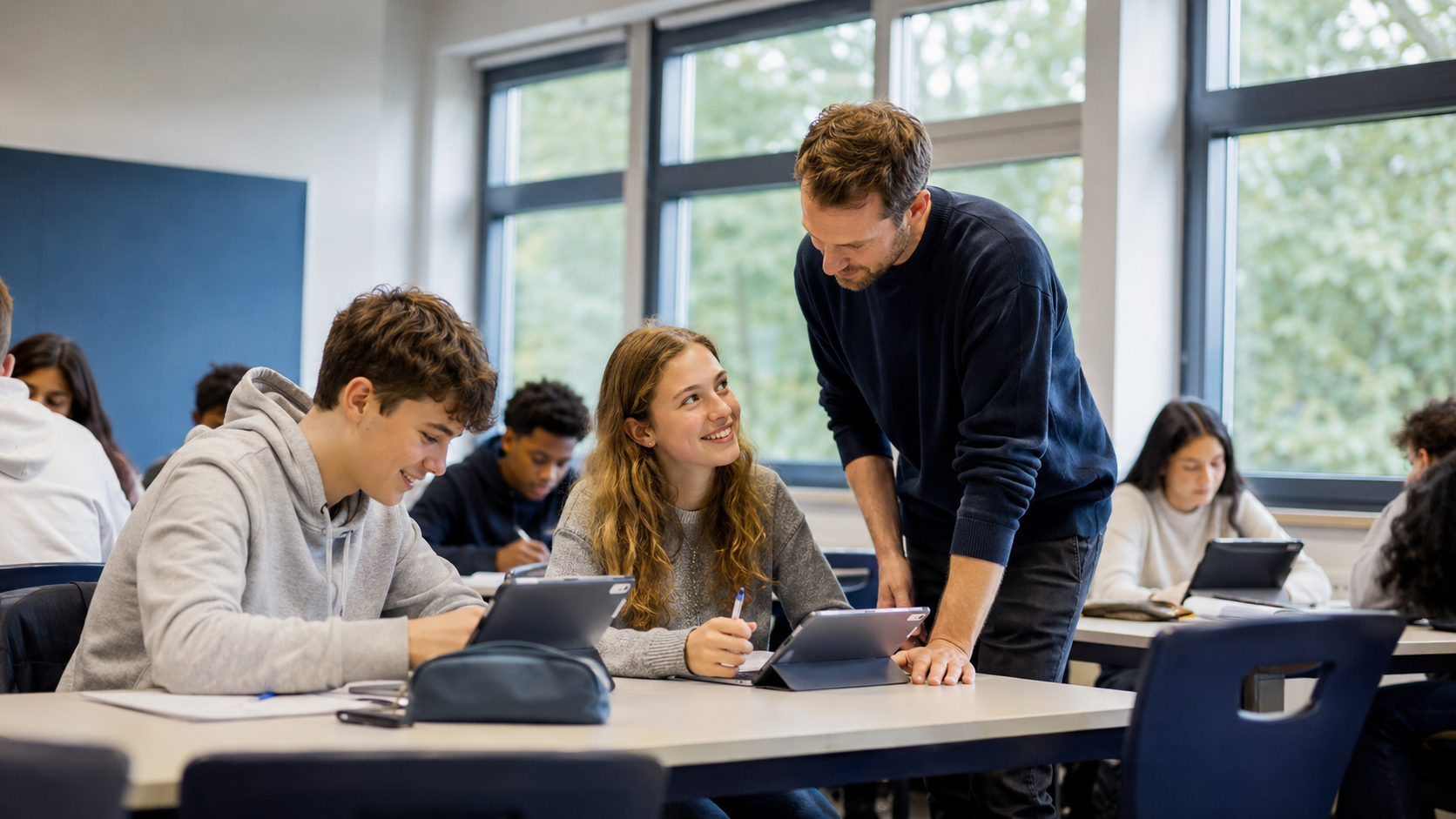 Zwei Schüler:innen mit Lehrer in Lernsituation