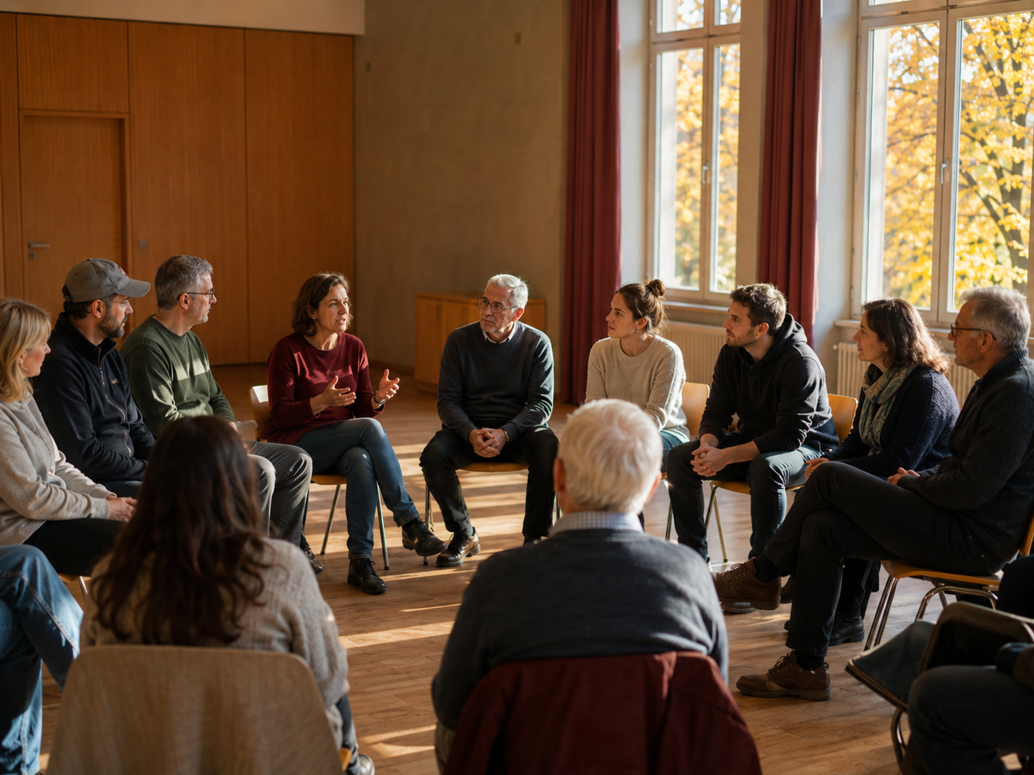 Ein Stuhlkreis mit Menschen verschiedenen Alters