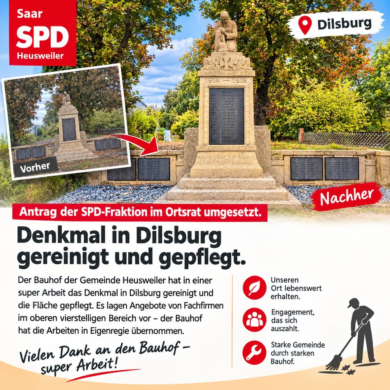 Das Kriegerdenkmal wurde gereinigt und die Fläche rund um das Denkmal gepflegt