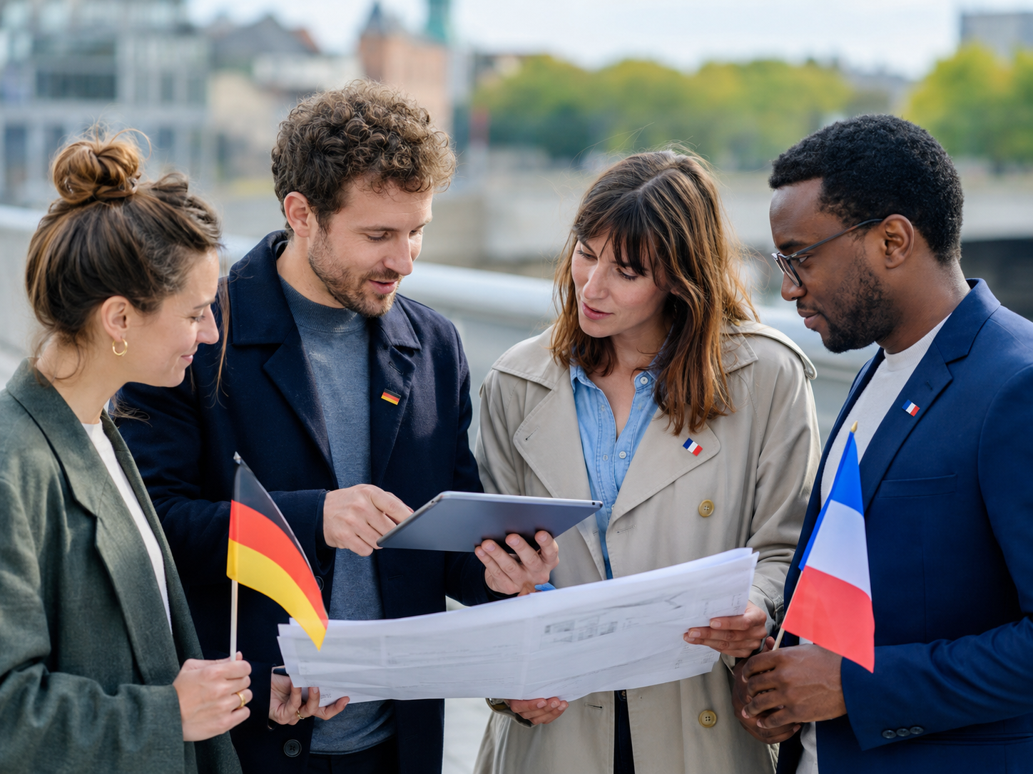 Menschen mit Frankreich- und Deutschlandflagge besprechen eine Karte